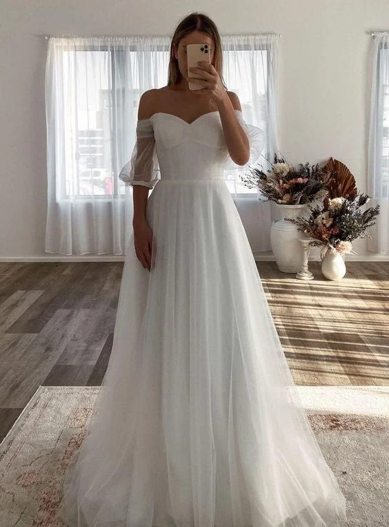 Evening Dress with Keyhole Cutout -Midi Dresses in Sheer Overlay -Evening Dress with Keyhole Cutout -Charming Off Shoulder White Tulle Long Prom Dress C627