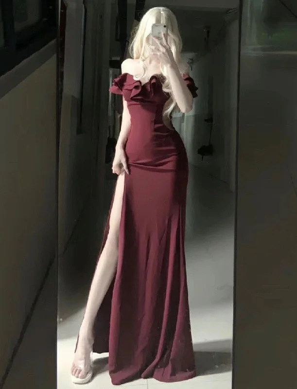 Evening Dress in Light Cotton -Midi Dresses for Group Outing -Evening Dress in Light Cotton -Classy Burgundy Long Evening Dress With Split  cc870