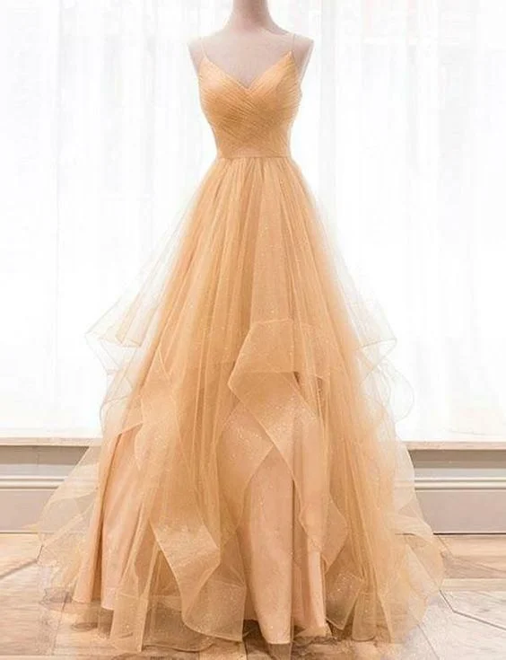 Evening Dress for Spring Fun -Midi Dresses with Flounce Front -Evening Dress for Spring Fun -Custom made gold v neck tulle long prom dress, evening dress C1395