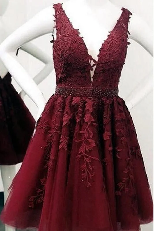 Evening Dress for Casual Brunch -Midi Dresses with Flounce Hem -Evening Dress for Casual Brunch -Cute Red Lace Appliques Homecoming Dresses V Neck Tulle Above Knee Short Prom Dress c2747