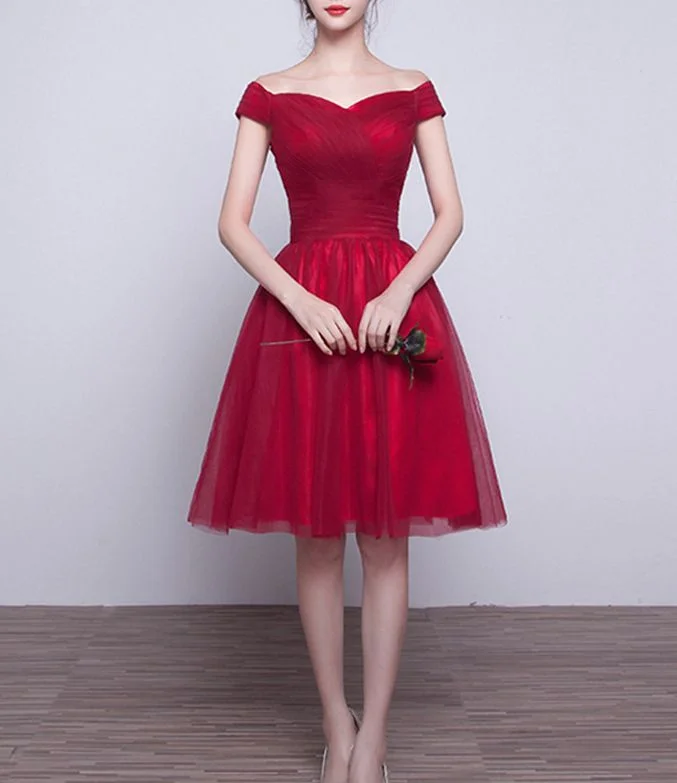 Evening Dress in Matte Finish -Midi Dresses for Lunch Date -Evening Dress in Matte Finish -Cute red tulle V-neck short prom dress,homecoming dress c2972