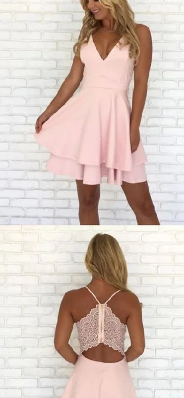 Evening Dress in Stretch Fabric -Midi Dresses for Night Picnic -Evening Dress in Stretch Fabric -Cute Spaghetti Strap A Line Pink Short Homecoming Dresses c2926