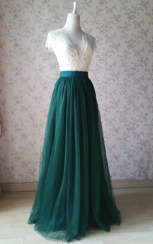 Evening Dress for Patio Date -Midi Dresses with Wrap Back -Evening Dress for Patio Date -Dark Green Tulle And White Lace Top Prom Dress C2013