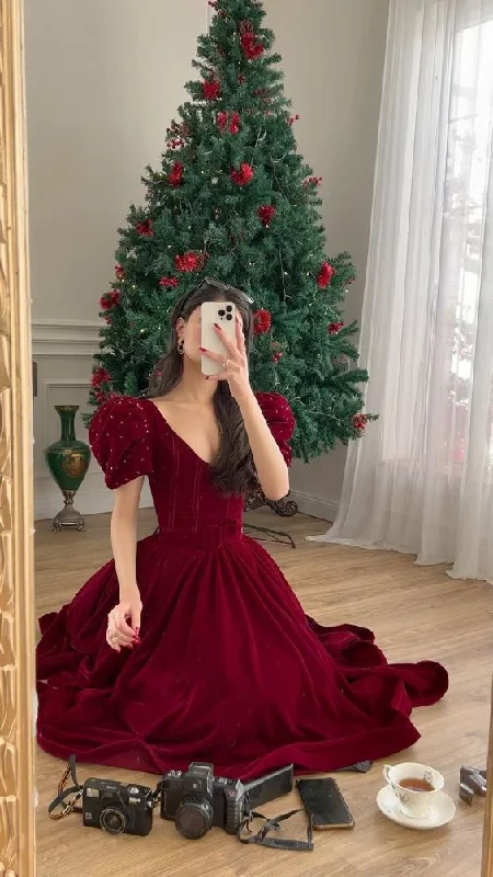 Evening Dress for Garden Party -Midi Dresses with V-Back -Evening Dress for Garden Party -Dark Red Velvet V Neck Short Puff Sleeve Beaded A Line Floor Length Evening Dress cc600