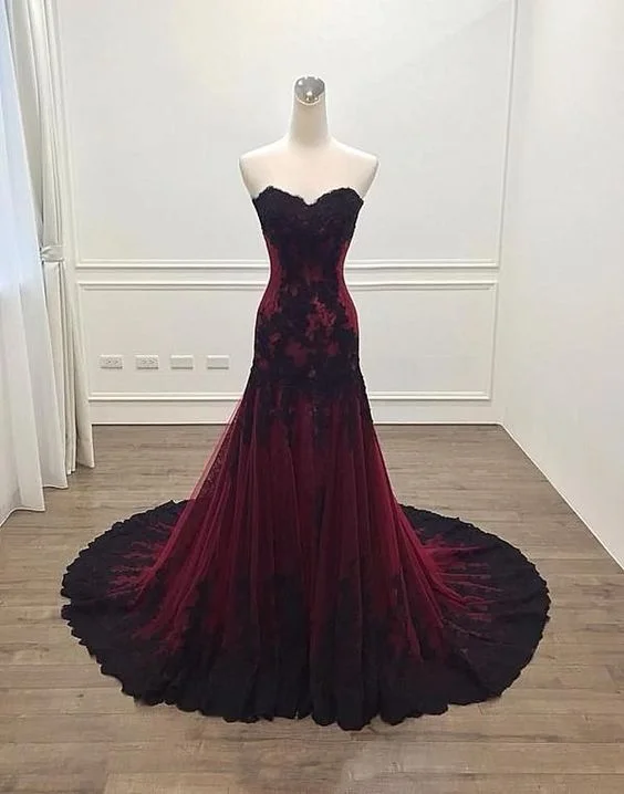 Evening Dress in Soft Chiffon -Midi Dresses for Casual Lunch -Evening Dress in Soft Chiffon -Deep Burgundy Evening Party Dress Sweetheart Prom Dresses Lace Appliques Evening Dresses C1957