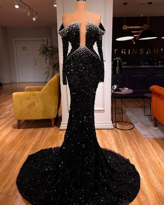 Evening Dress for Award Ceremonies -Midi Dresses with Off Shoulder -Evening Dress for Award Ceremonies -Deep Neck Black Sequins Prom Dress Meramaid Evening Dress With Long Sleeves Custom Made c2606