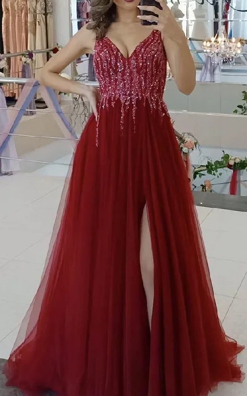 Evening Dress in Knit Cotton -Midi Dresses for Sunset Date -Evening Dress in Knit Cotton -Elegant long red tulle prom split dresses v neck sequin beaded evening dress  C2315