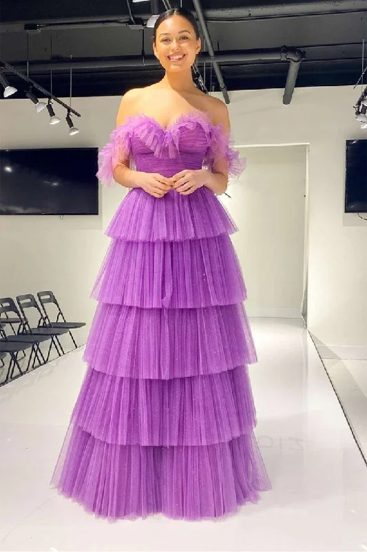 Evening Dress for Spring Events -Midi Dresses with Backless Design -Evening Dress for Spring Events -Elegant Off Shoulder Layered Purple Tulle Long Prom Dress, Purple Formal Graduation Evening Dress cc777