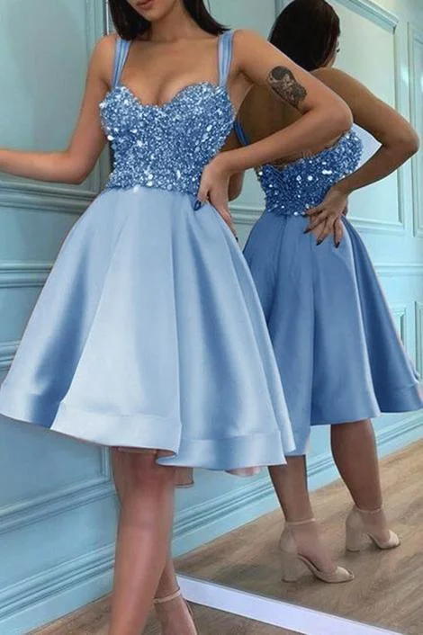 Evening Dress for Farewell Dinner -Midi Dresses with Tie Back -Evening Dress for Farewell Dinner -Short sequins beaded sweetheart ruffles homecoming dresses c3216