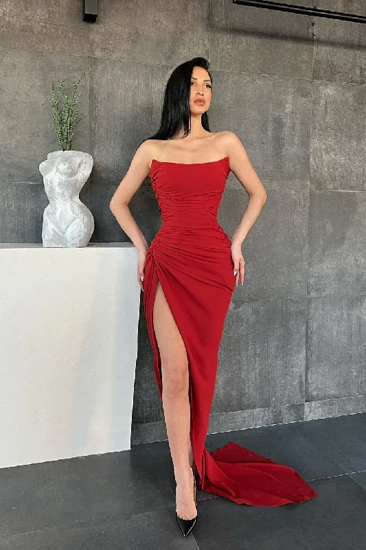 Evening Dress with Tulip Skirt -Midi Dresses in Luxe Fabric -Evening Dress with Tulip Skirt -Elegant Sweetheart Mermaid Simple Prom Dresses with High Split C2420