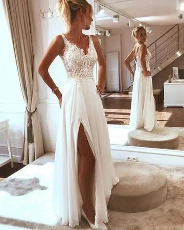 Evening Dress with Puff Sleeves -Midi Dresses with Puff Sleeves -Evening Dress with Puff Sleeves -Elegant V neck Appliques White Slit Long Prom Dresses Long A-line Chiffon Dresses White Evening Dresses with Train Deep V Neck Open Back Side Slit C306