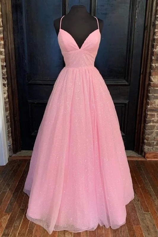 Evening Dress with Mesh Edge -Midi Dresses in Light Silk -Evening Dress with Mesh Edge -Empire Pink Shiny Tulle Long Prom Dress C1530