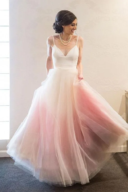 Evening Dress with Wrap Front -Midi Dresses with Halter Neck -Evening Dress with Wrap Front -Fashion Spaghetti Strap Pink Ombre Tulle Elegant Long Prom Dress C1224