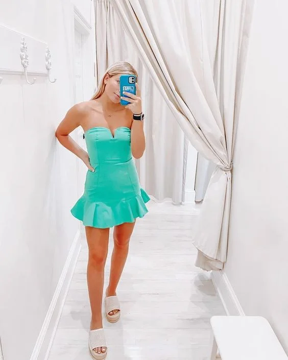 Evening Dress with Sweetheart Neck -Midi Dresses in Luxe Velvet -Evening Dress with Sweetheart Neck -Fresh Mint Green Strapless Cute Homecoming Dress Rufflues Bottom Party Dress c3327