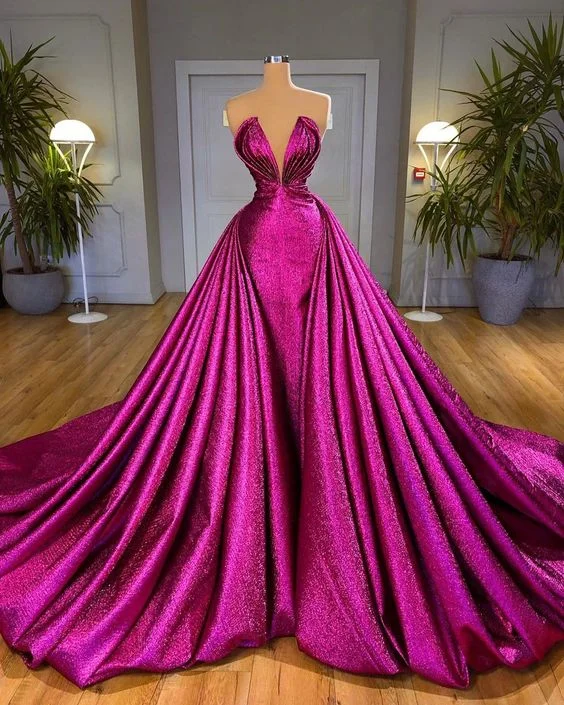 Evening Dress for Music Festivals -Midi Dresses with Corset Top -Evening Dress for Music Festivals -Fuchsia Glitter Prom Dresses Long Strapless V Neck Formal Evening Dress Celebrity Gown cc78