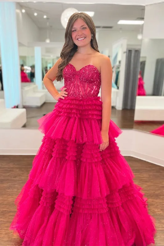 Evening Dress with Wrap Front -Midi Dresses with Halter Neck -Evening Dress with Wrap Front -Fuchsia Multi-Layers Strapless Appliques A-line Tulle Long Prom Dress cc1021