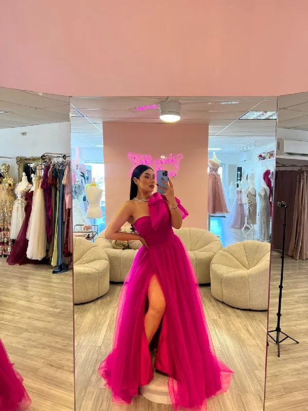 Evening Dress for Outdoor Parties -Midi Dresses with High Slit -Evening Dress for Outdoor Parties -Fuchsia One Shoulder Evening Dresses Long Tulle A Line Evening Dresses  cc751