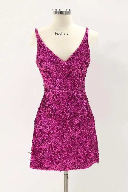 Evening Dress for Dinner Date -Midi Dresses with Balloon Sleeves -Evening Dress for Dinner Date -Fuchsia Sequins Tight Mini Homecoming Dress c3364