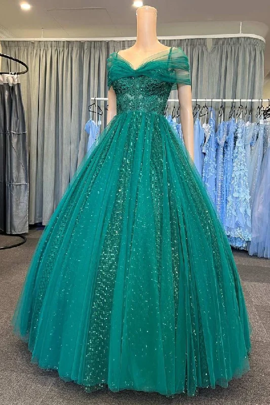 Evening Dress for Music Festivals -Midi Dresses with Corset Top -Evening Dress for Music Festivals -Glitter Emerald Green Tulle Cold-Shoulder Ball Gown cc551