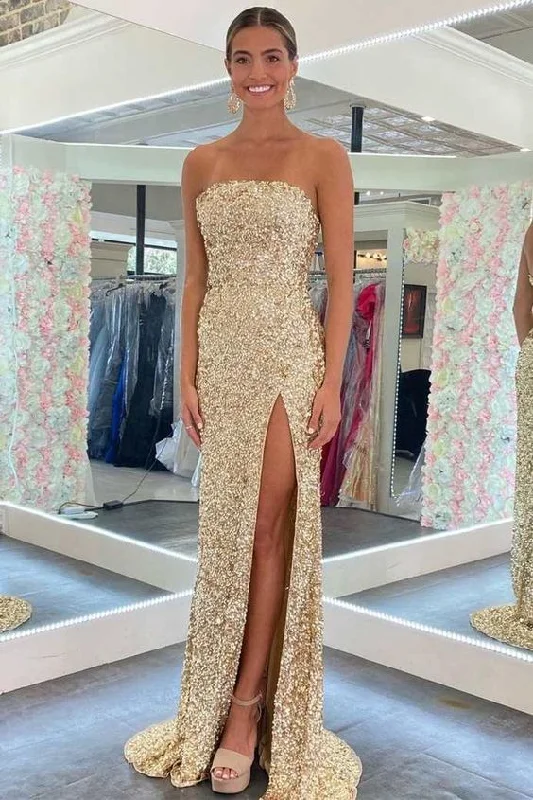 Evening Dress for Day Party -Midi Dresses with Drawstring Waist -Evening Dress for Day Party -Gold Sequin Strapless Backless Mermaid Prom Dress c2811