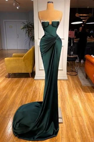 Evening Dress in Crushed Velvet -Midi Dresses for Farewell Dinner -Evening Dress in Crushed Velvet -Gorgeous Dark Green Spaghetti-Straps Mermaid Prom Dress With Beadings  C2126