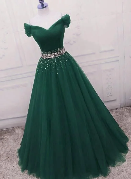 Evening Dress in Pure Cotton -Midi Dresses for Small Party -Evening Dress in Pure Cotton -Gorgeous Dark Green Tulle Off Shoulder Long Party Dress, Prom Gown  C1579