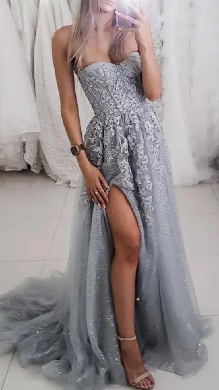 Evening Dress for Night Picnic -Midi Dresses with Side Drape -Evening Dress for Night Picnic -Gray tulle lace long A line prom dress evening dress c2567