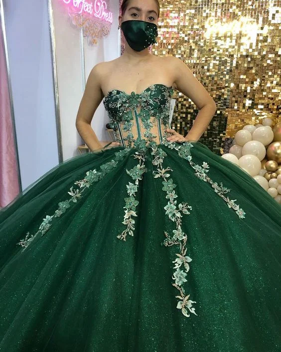 Evening Dress in Mixed Patterns -Midi Dresses for Day Trip -Evening Dress in Mixed Patterns -Green Ball Gown With Appliques Sweet 16 Dress Long Court Train c2559