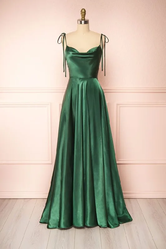 Elegant Evening Dress for Gala -Elegant Midi Dresses for Weddings -Elegant Evening Dress for Gala -Green Cowl Neck Satin Simple Prom Dress cc414