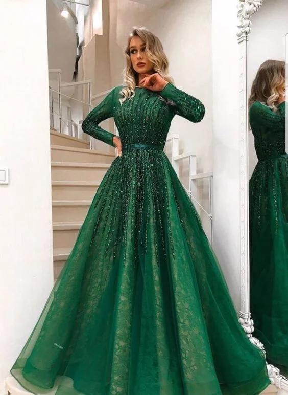 Evening Dress for Coffee Date -Midi Dresses with Boat Neck -Evening Dress for Coffee Date -Green long prom dress, evening dress C2125