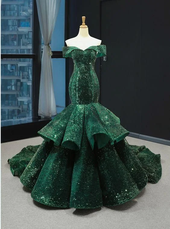 Evening Dress for Summer Picnic -Midi Dresses with Front Slit -Evening Dress for Summer Picnic -Green Mermaid Sequins Off the Shoulder Luxury Prom Dress With Train C2129