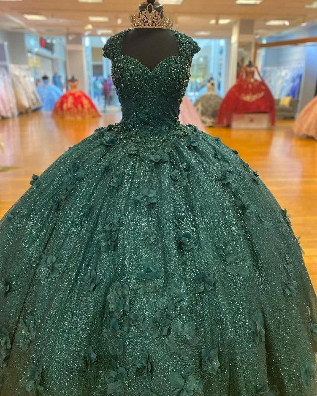 Evening Dress with Swing Edge -Midi Dresses in Fun Prints -Evening Dress with Swing Edge -Green Princess Ball Gown Quinceanera Dresses Sweet 15 Party 3D Flowers Lace Applique Crystal Beads Sequin Birthday Gowns cc479