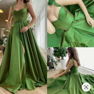 Evening Dress for Book Launch -Midi Dresses with Keyhole Back -Evening Dress for Book Launch -Green Prom Dresses Slit ， Straps Prom Dress C1051