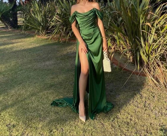 Evening Dress for Reunion Party -Midi Dresses with Draped Sleeves -Evening Dress for Reunion Party -Green Simple Prom Dress With Height Split Chic Evening Dress C2285