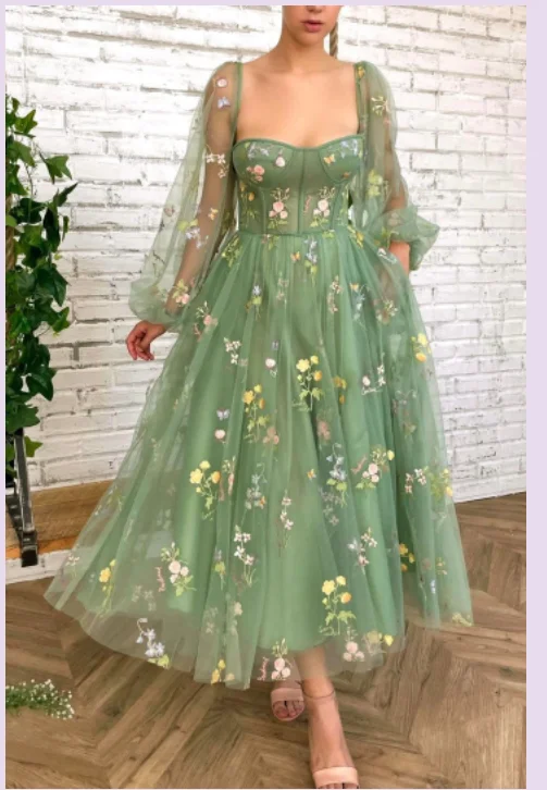 Evening Dress in Soft Suede -Midi Dresses for Night Brunch -Evening Dress in Soft Suede -Green tulle lace short prom dress evening dress  C2369