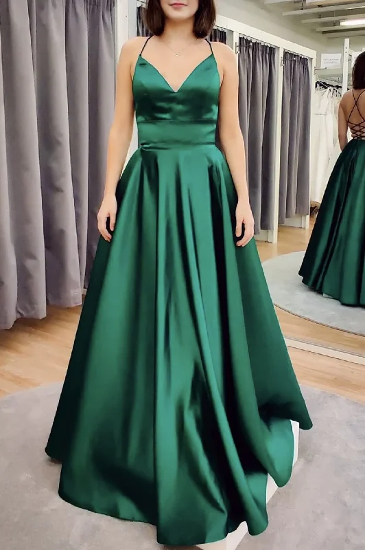 Evening Dress in Bright Patterns -Midi Dresses with Mesh Overlay -Evening Dress in Bright Patterns -Green V Neck Backless Satin Prom Dresses, Open Back Green Satin Formal Evening Dresses cc250