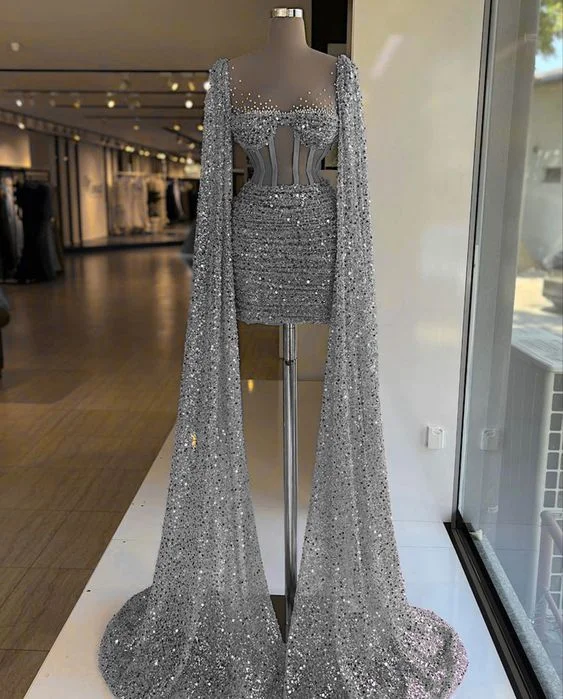 Evening Dress with Side Tie -Midi Dresses in Crinkle Fabric -Evening Dress with Side Tie -Grey Sequins Mini Homecoming Dress With Long Sleeves Sparkly Party Dress c2822