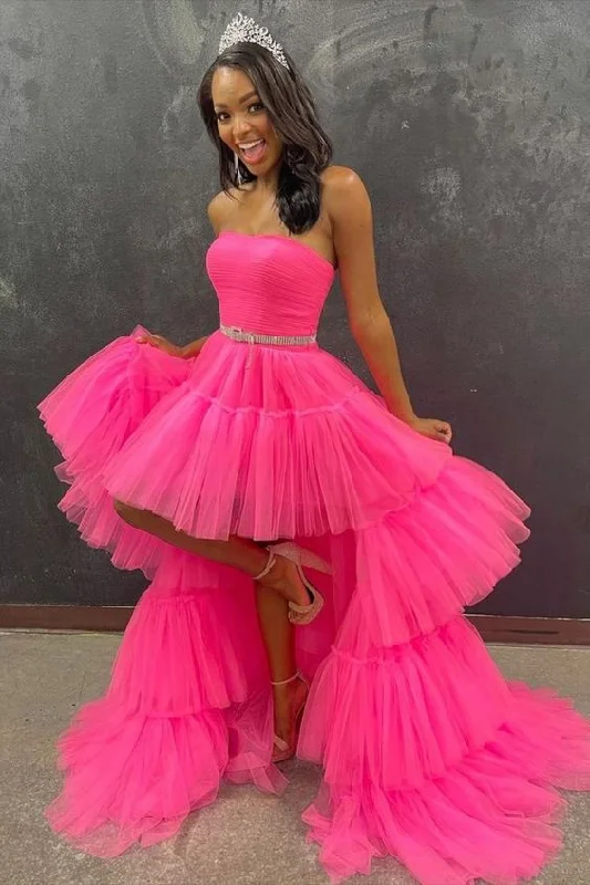 Evening Dress in Fun Hues -Midi Dresses for Roof Chill -Evening Dress in Fun Hues -hi-low strapless tiered hot pink tulle prom party dress  C939