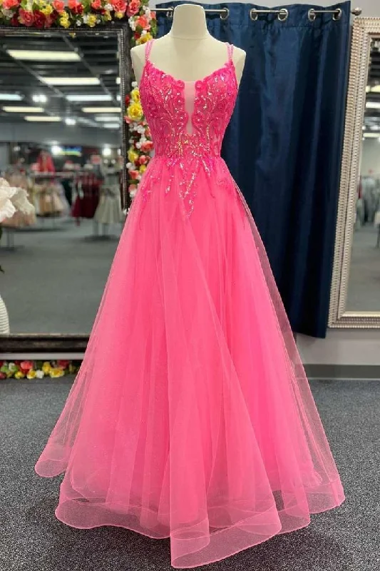 Evening Dress in Bright Colors -Midi Dresses in Bright Colors -Evening Dress in Bright Colors -Hot Pink Tulle Appliques Lace-Up A-Line Long Prom Dress cc1006