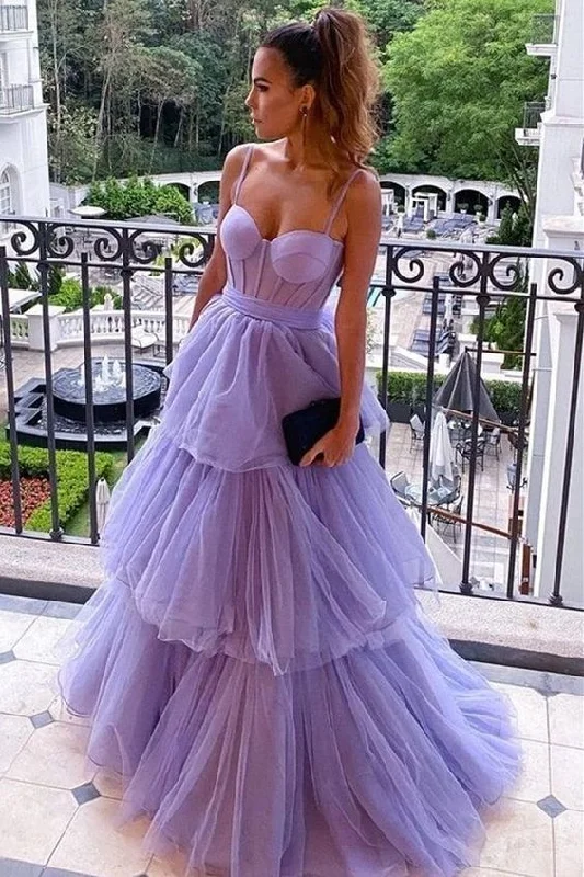 Evening Dress for Small Chill -Midi Dresses with Shift Back -Evening Dress for Small Chill -Lavender Bustier Tiered Long Prom Dress  C2334