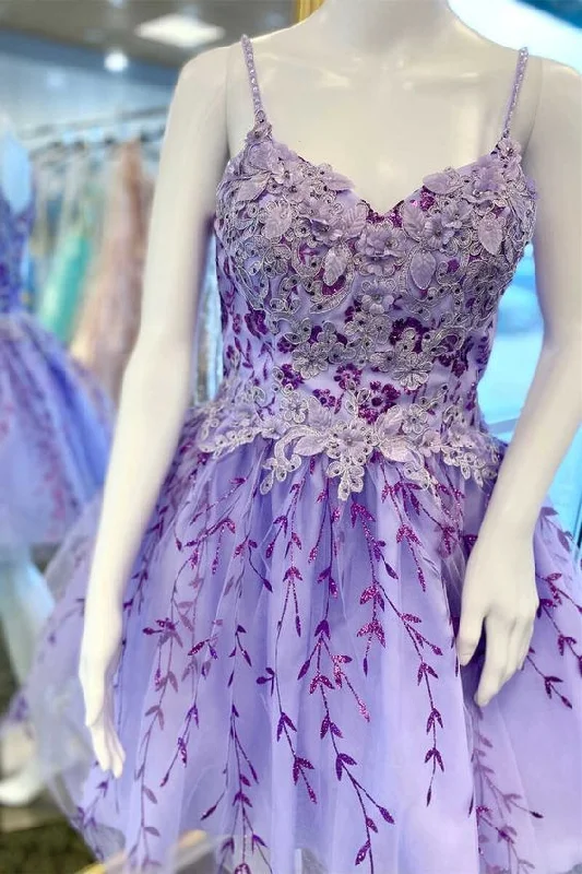 Evening Dress with Front Ruffles -Midi Dresses in Warm Tones -Evening Dress with Front Ruffles -Lavender Floral Appliques A-Line Homecoming Dress c3208