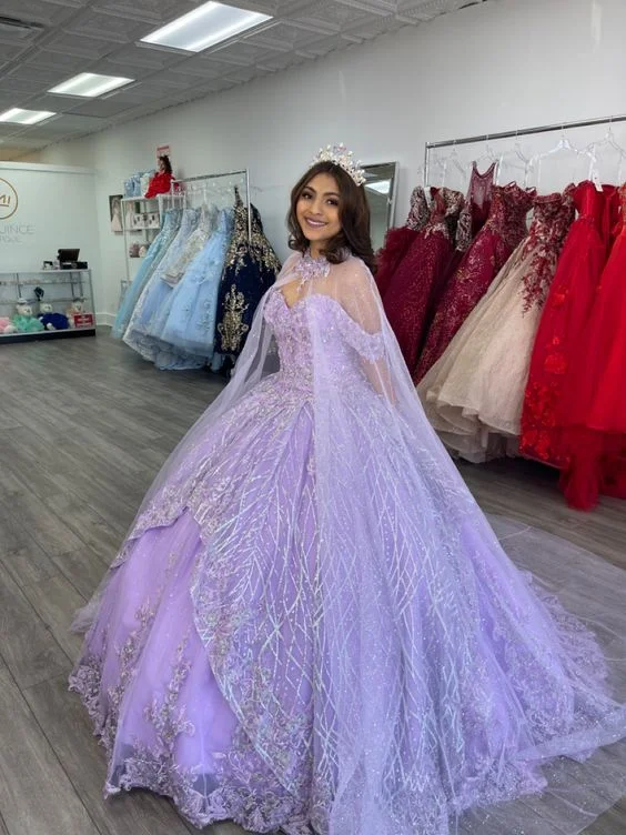 Evening Dress with Flared Hem -Midi Dresses in Pretty Prints -Evening Dress with Flared Hem -Lavender Off The Shoulder Ball Gown With Cape Sweet 16 Dress Lavender Quinceanera Dress C2163