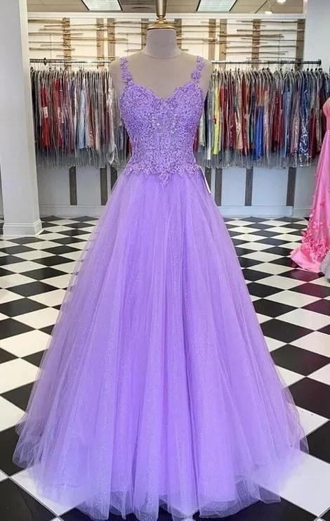 Evening Dress for Plus Size -Midi Dresses for Plus Size -Evening Dress for Plus Size -Lavender Tulle Lace Long Prom Dresses C382