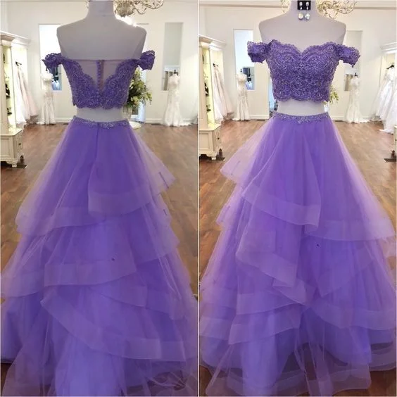 Long Evening Dress in Red -Floral Midi Dresses for Spring -Long Evening Dress in Red -Lavender Tulle Two-Piece Off-the-Shoulder Lace Applique Long Prom Dress With Beading C396