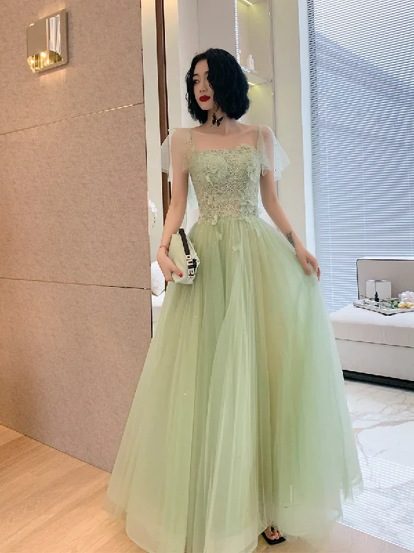 Evening Dress for Dance Night -Midi Dresses with Ruffle Hemline -Evening Dress for Dance Night -Light Green Tulle with Lace Cap Sleeves Long Evening Dress, Beautiful Green FormaL Dresses C2034