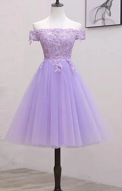 Evening Dress with Cross Back -Midi Dresses in Breezy Fabric -Evening Dress with Cross Back -Light Purple Lace And Tulle Off The Shoulder Homecoming Dress, Short Party Dress c2779