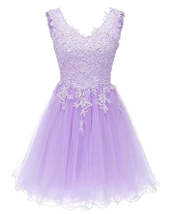 Evening Dress for Family Gatherings -Midi Dresses with Lace Sleeves -Evening Dress for Family Gatherings -Light Purple Tulle Short Homecoming Dress, Lavender Applique Prom Dress Formal Dress c3221