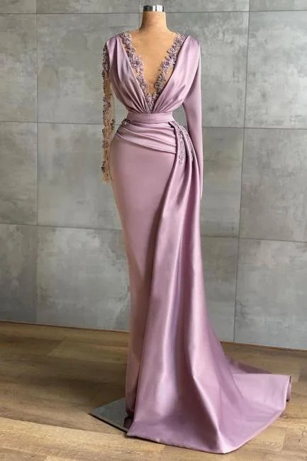 Evening Dress with Bubble Hem -Midi Dresses in Satin Finish -Evening Dress with Bubble Hem -Lilac Evening Dresses Long Cheap | Prom dresses with sleeves C1992