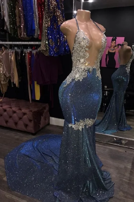 Evening Dress for Fun Party -Midi Dresses with Fit and Flare -Evening Dress for Fun Party -Long Halter Sheath Blue Open Front Backless Prom Dresses C416