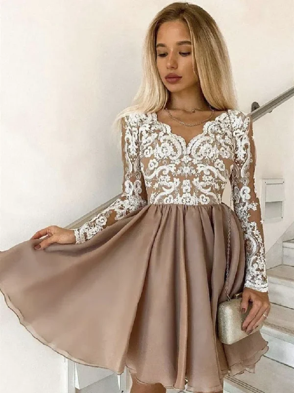 Evening Dress for Evening Wear -Midi Dresses for Travel -Evening Dress for Evening Wear -Long Sleeves Short Champagne Lace Homecoming Dresses, Short Champagne Lace Formal Graduation Dresses c3032